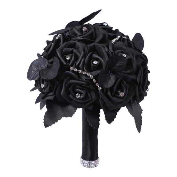 Black Roses Bouquet Gothic Halloween Decor Artificial Wedding Flowers Rhinestone Accent for Halloween Party Dark Themed Wedding Home Table Decor 1 Pack