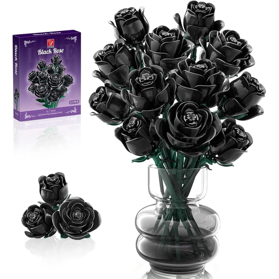 Black Roses Flowers Building Sets, Artificial Bouquet Botanical Collection Building Blocks, Gothic Home Decor, Mother's Day Christmas Birthday Gift for Women 12 (512Pcs)