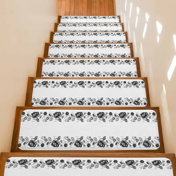 Black Roses Non-Slip Stair Treads for Wooden Steps, 15 Pack 8x30 Inches Carpet Stair Mats with Adhesive Backing, Noise-Reducing Step Covers for Indoor Stairs, Easy to Install & Residue-Free