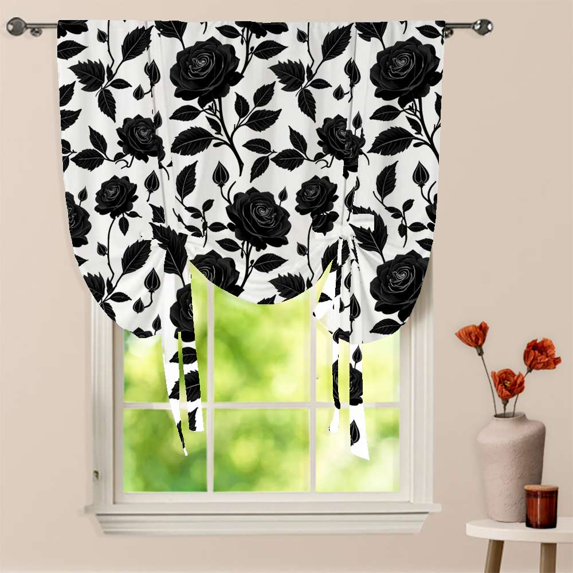 Black Roses Pattern On White Window Curtain for Living Room Roman Curtain Kitchen Tie-up Curtains Adjustable Drapes