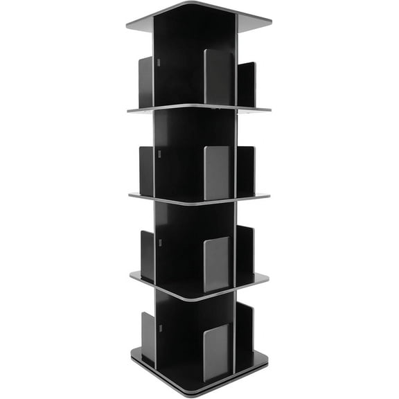 Black Rotating Bookshelf, Open & 360 Display 4 Tier Floor Standing Bookcase Storage Rack, Stainless Steel Wide Bookshelf for Kids&Adults Solid Wood Bookshelf Organizer Carving Process