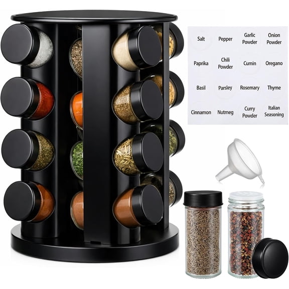 Black Rotating Spice Rack Seasoning Organizer with 16 Empty Jars, Spice Containers Set with Labels and Funnel, Revolving Seasoning Rack for Kitchen Accessories (Stainless Steel,Glass)