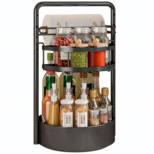 Black Rotating Spice Rack with Paper Towel Holder for Counter, Kitchen Shelf Organizer, Space-Saving Carousel Storage for Jars and Bottles