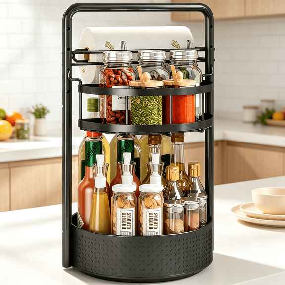 Black Rotating Spice Rack with Paper Towel Holder for Counter, Kitchen Shelf Organizer, Space-Saving Carousel Storage for Jars and Bottles