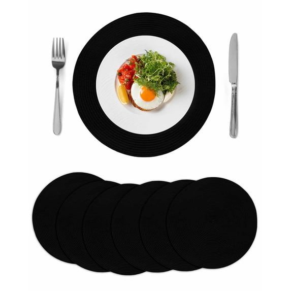 Black Round 15 Inch Placemats Set of 6, Solid Color Farmhouse Black HeatResistant Non Slip Place Mats for Dining Table, Wipeable Braided Kitchen Table Mats for Housewarming