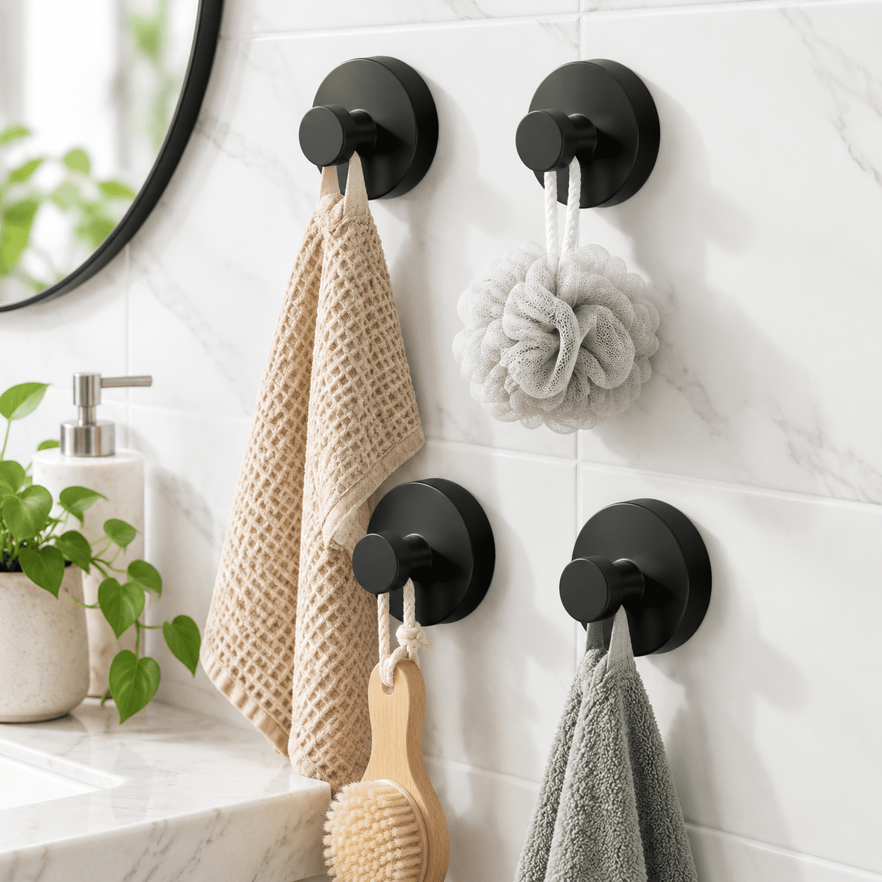 Black Round 4 Pack Suction Cup Hooks For Towel Robe Loofah Bathroom ...