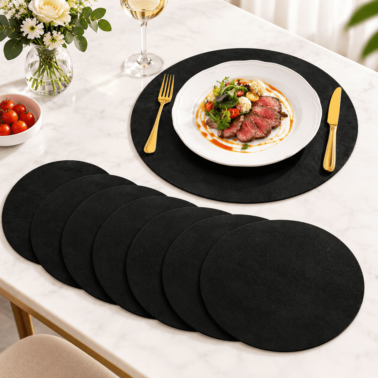 Black Round 8-Pack Heat Resistant Faux Leather Table Placemats ...
