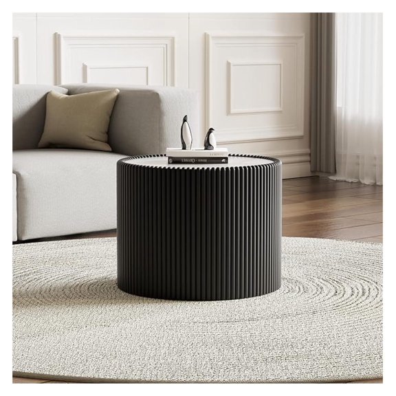 Black Round Coffee Table, 17.71" Drum Coffee Table with Sintered Stone and Fluted PU Leather Covered and Stable Base, Circle Cocktail Tea Table for Living Room