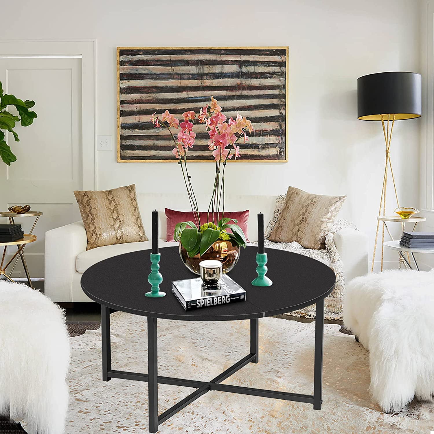 Black Round Coffee Table Small Circle Center Tea Table for Living Room