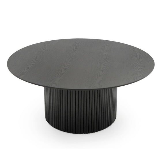 Black Round Coffee Table With Veneer Pedestal Base, Low Modern Accent Table