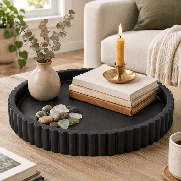 Black Round Concrete Serving Tray for Home Decor and Centerpiece