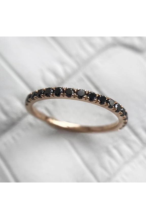 Black Round Cut Diamond Ring, Half Eternity Stacking Ring, 14K Rose Gold Plated Silver -4
