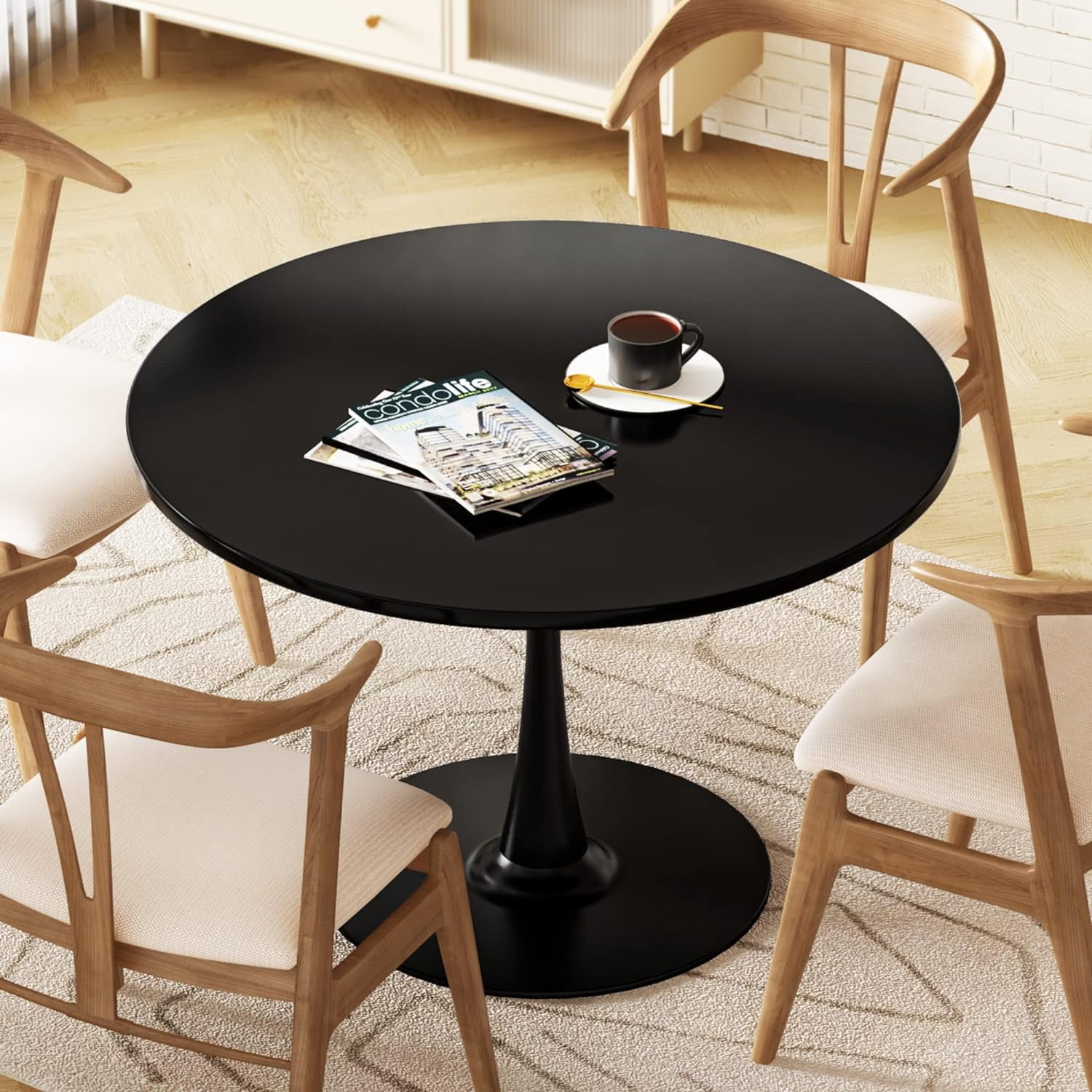 Black Round Mid-Century Modern Dining Table with Pedestal Base