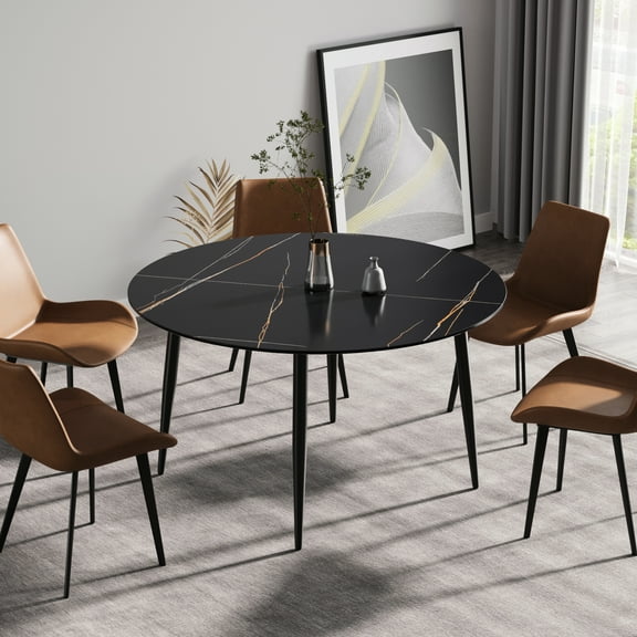 Black Round Dining Table With Non-radiation Sintered Stone Surface 23.62"w Turntable And Fire-