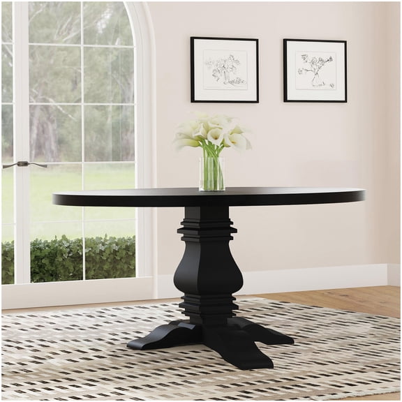 Black Round Dining Table with Pedestal Base, Solid Pine Wood, Farmhouse Kitchen Table, 59.75"