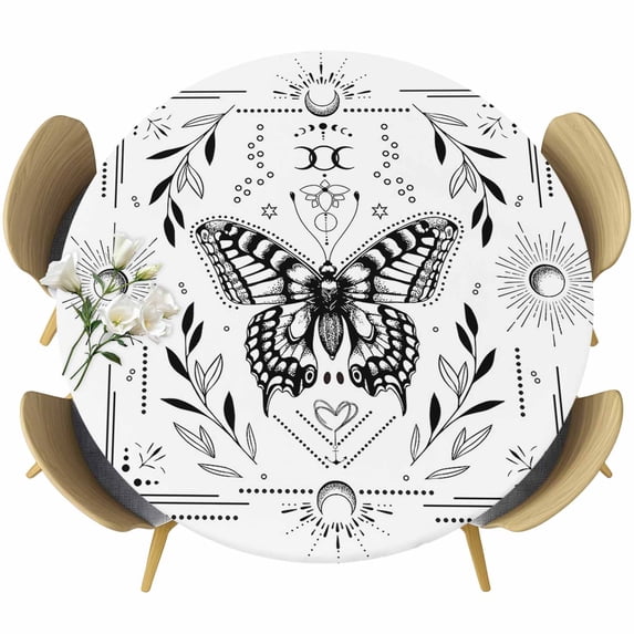 Black and Round Fitted Table Cover White Frame Butterfly Sun Moon Waterproof Table Cloth with Elastic Edge Wipeable Tablecloth for Picnic Camping Party Fits 55"-60" Diameter