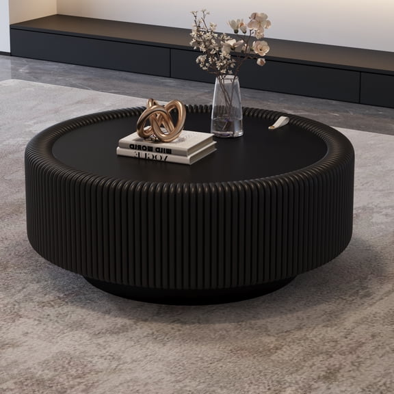 Black Round Fluted Coffee Table with Tempered Glass Top, PU Leather Body , Baked Enamel Metal Base & Hidden Storage , Modern Minimalist Accent Table for Living Room