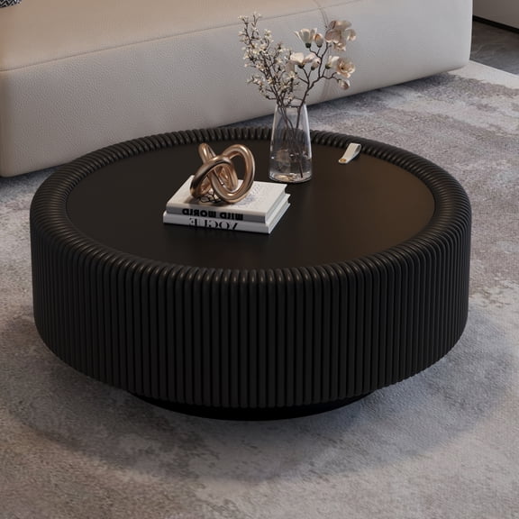 Black Round Fluted Coffee Table with Tempered Glass Top, PU Leather Body , Baked Enamel Metal Base & Hidden Storage , Modern Minimalist Accent Table for Living Room