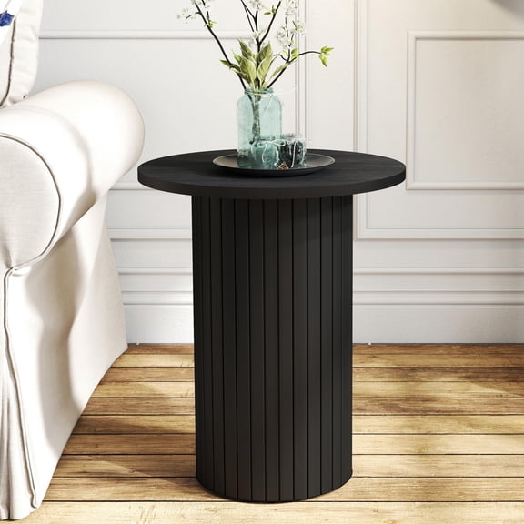 Black Round Fluted Drum End Table, Mid-Century Modern Side Table for