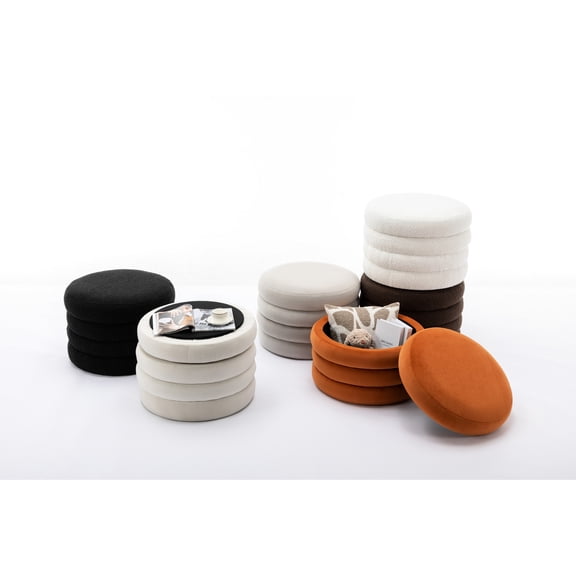 Black Round Footstool with Storage / Eucalyptus Wood Frame