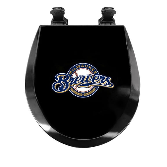 Black Round Molded Wood Toilet Seat Featuring Your Choice of a Baseball Team Logo Vinyl Decal on the Top of the Toilet Seat Lid (Brewers)