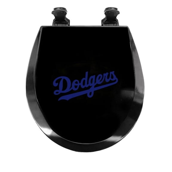 Black Round Molded Wood Toilet Seat Featuring Your Choice of a Baseball Team Logo Vinyl Decal on the Top of the Toilet Seat Lid (Dodgers)