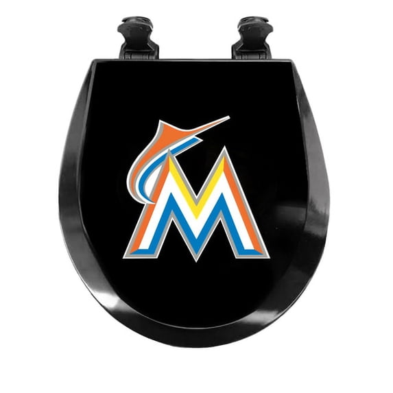 Black Round Molded Wood Toilet Seat Featuring Your Choice of a Baseball Team Logo Vinyl Decal on the Top of the Toilet Seat Lid (Marlins)