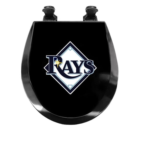 Black Round Molded Wood Toilet Seat Featuring Your Choice of a Baseball Team Logo Vinyl Decal on the Top of the Toilet Seat Lid (Rays)