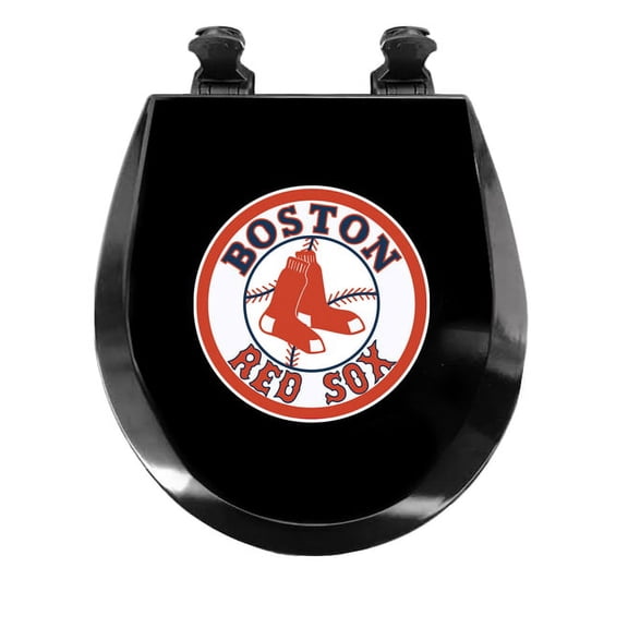 Black Round Molded Wood Toilet Seat Featuring Your Choice of a Baseball Team Logo Vinyl Decal on the Top of the Toilet Seat Lid (Red Sox)