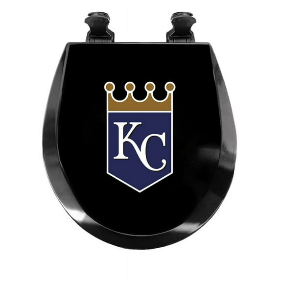 Black Round Molded Wood Toilet Seat Featuring Your Choice of a Baseball Team Logo Vinyl Decal on the Top of the Toilet Seat Lid (Royals)