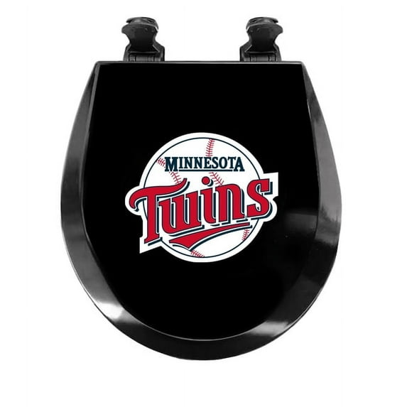 Black Round Molded Wood Toilet Seat Featuring Your Choice of a Baseball Team Logo Vinyl Decal on the Top of the Toilet Seat Lid (Twins)