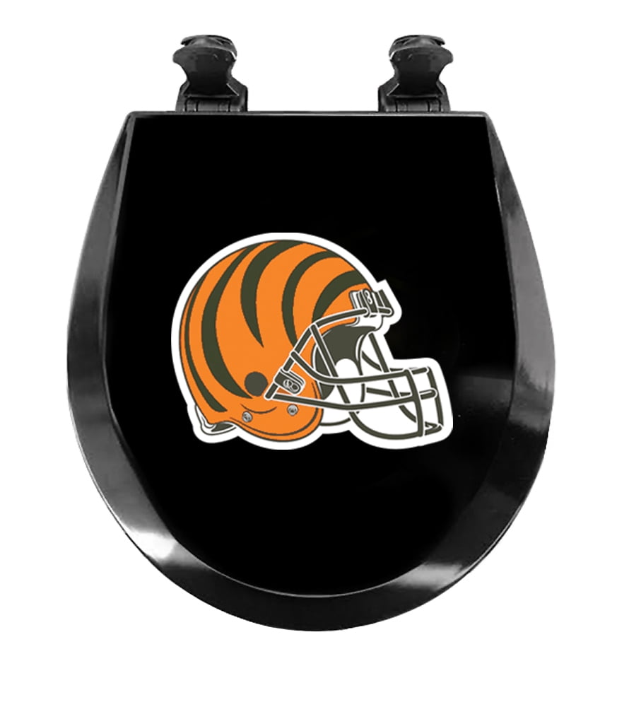 Black Round Molded Wood Toilet Seat Featuring Your Choice of a Football Team Logo Vinyl Decal on the Top the Toilet Seat Lid (Bengals Helmet)