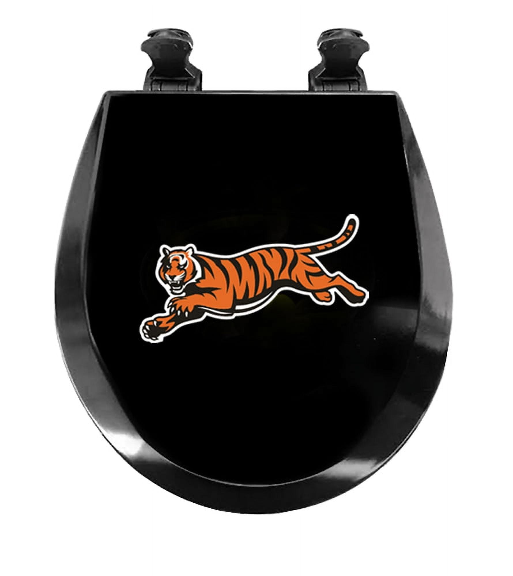 Black Round Molded Wood Toilet Seat Featuring Your Choice of a Football Team Logo Vinyl Decal on the Top the Toilet Seat Lid (Bengals Tiger)