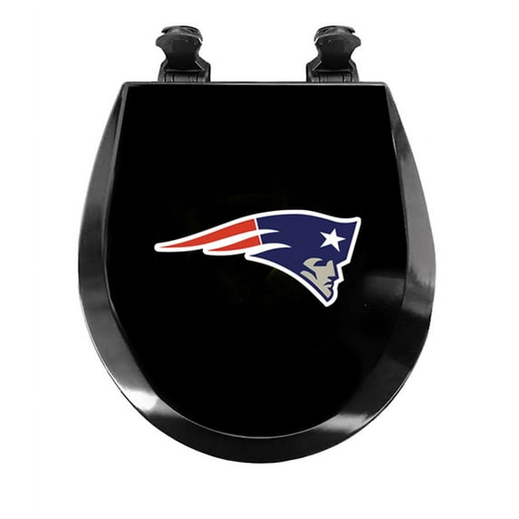Black Round Molded Wood Toilet Seat Featuring Your Choice of a Football Team Logo Vinyl Decal on the Top the Toilet Seat Lid (Patriots)