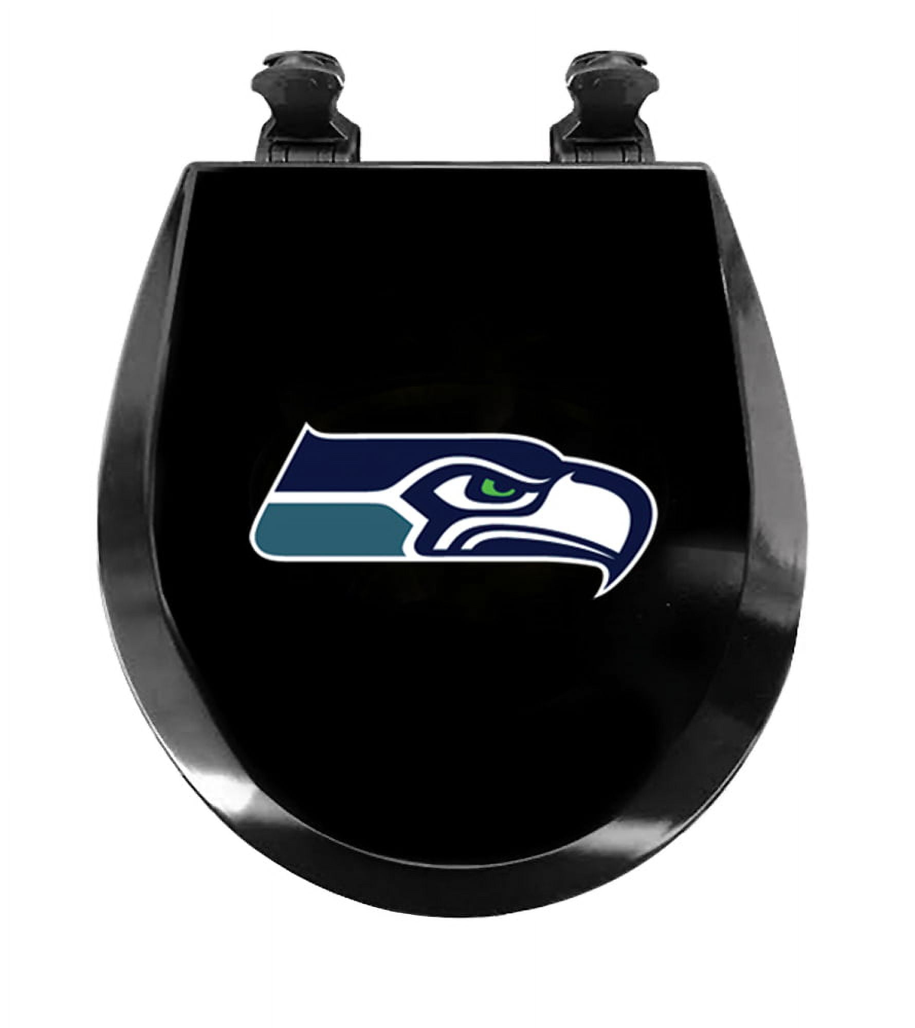 Black Round Molded Wood Toilet Seat Featuring Your Choice of a Football Team Logo Vinyl Decal on the Top the Toilet Seat Lid (Seahawks)