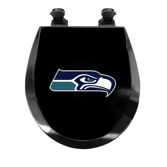 Black Round Molded Wood Toilet Seat Featuring Your Choice of a Football Team Logo Vinyl Decal on the Top the Toilet Seat Lid (Seahawks)