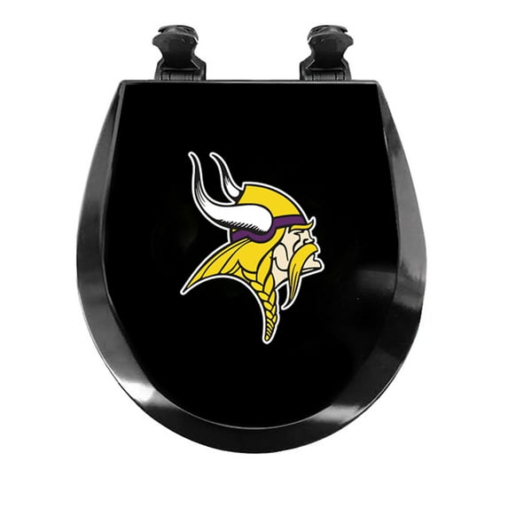 Black Round Molded Wood Toilet Seat Featuring Your Choice of a Football Team Logo Vinyl Decal on the Top the Toilet Seat Lid (Vikings)
