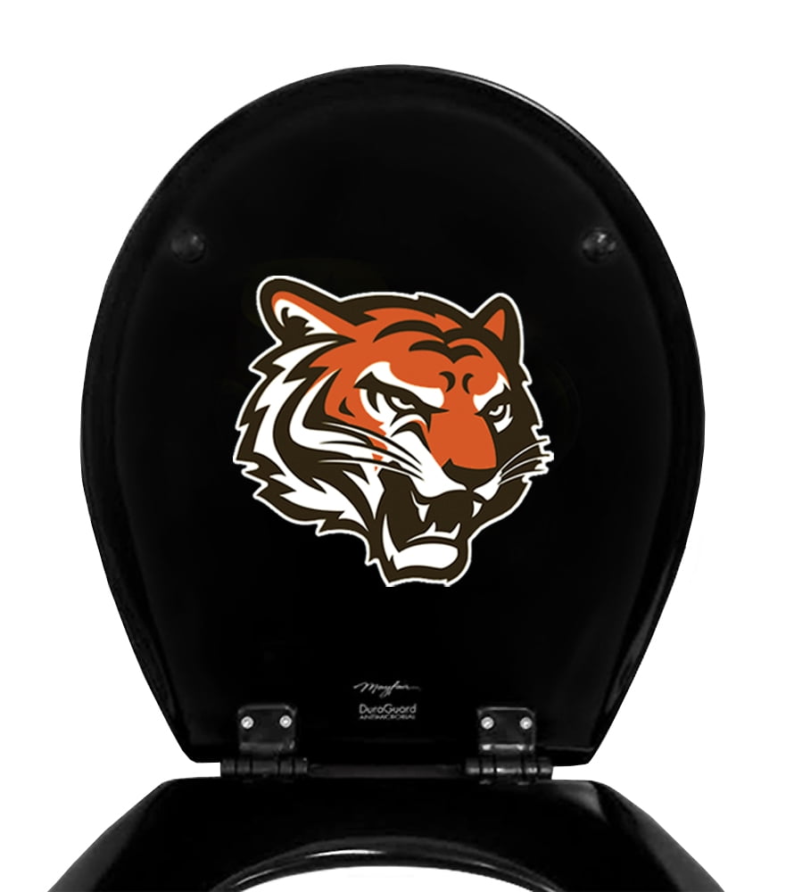 Black Round Molded Wood Toilet Seat Featuring Your Choice of a Football Team Logo Vinyl Decal on the Underside of the Toilet Seat Lid (Bengals Face)