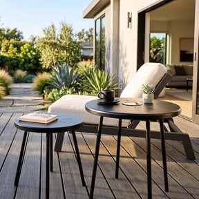Black Round Nesting Coffee Table Set of 2, 2 PCS Small Outdoor Nesting Tables with LED Light for Living Room, Metal Side Table Set for Balcony Patio