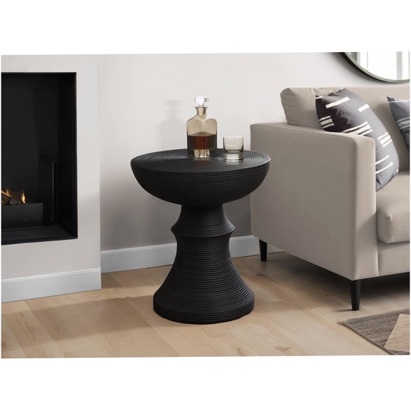 Black Round Outdoor Side Table 25 Inch Height Magnesium Oxide Construction For Patio and Indoor Use