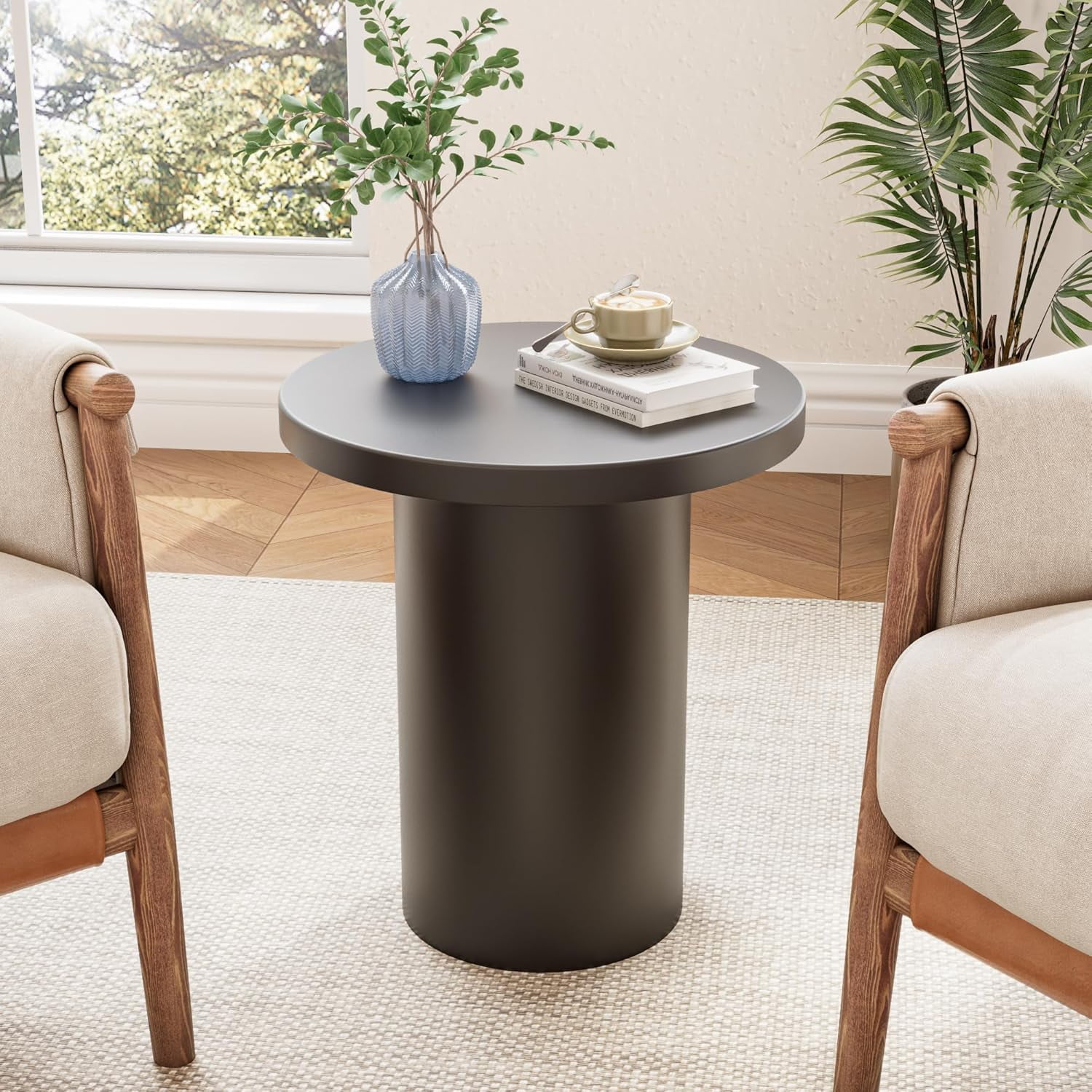 Black Round Pedestal Side Table for Sofa, Metal Small Couch End