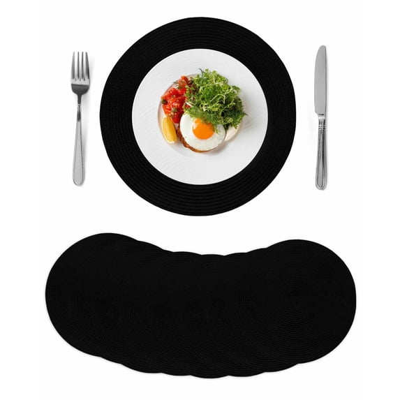 Black Round Placemats Set of 8 for Dinning Tables, Heat-proof Braided Table Mats 15 Inch, Solid Color Farmhouse Black Washable Place Mat for Kitchen Restaurant Party Decor Supplies Table Setting
