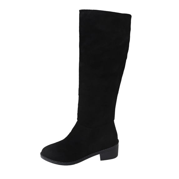 Black Round Pointed Toe Knee-High Boots For Women Thick Heel Low Heel Comfortable Casual Wear Stitching Design Plush Upper