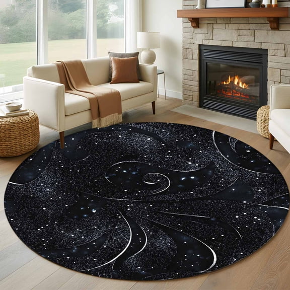 Black Round Rug 5ft Washable Circle Kitchen Rugs Non Slip Modern Abstract Dot Starry Night Aesthetics Large Area Rug Indoor Floor Carpet for Bedroom Living Room Home Office Dining Room Nursery