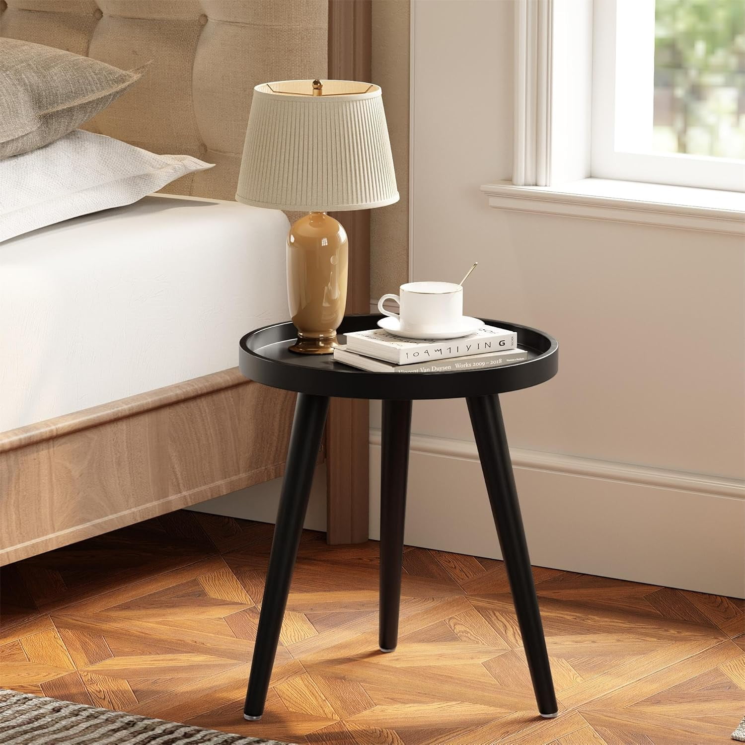 Black Round Side Table, Tray Nightstand Sofa Coffee End Table for ...