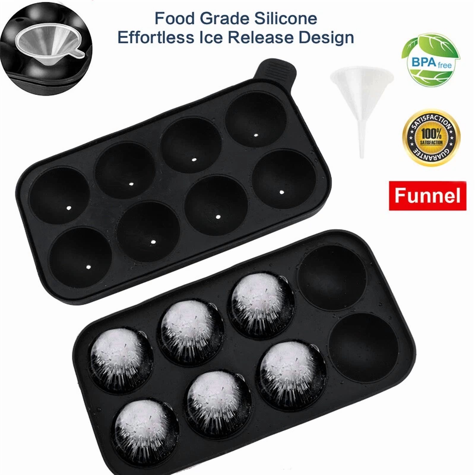 Black Round Silicon Ice Cube Ball Maker Tray 8 Large Sphere Molds Bar W/ Funnel