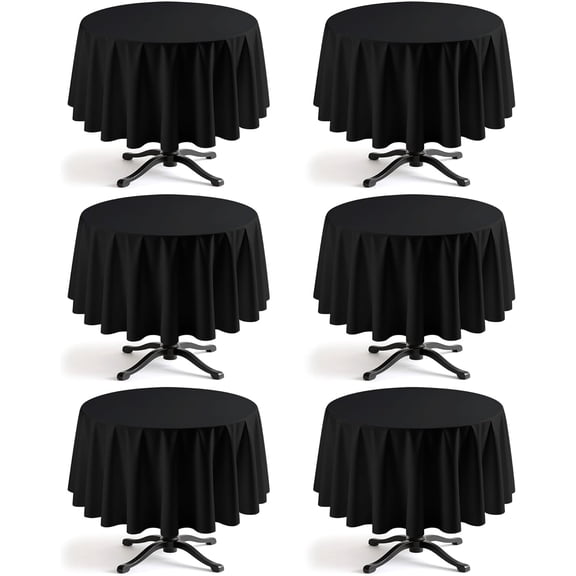 Black Round Table Cloth - 6 Pack, 90" Washable Fabric Tablecloth for Round Tables, Wrinkle-Resistant & Heat-Proof Table Cover for Weddings, Dinners & Parties