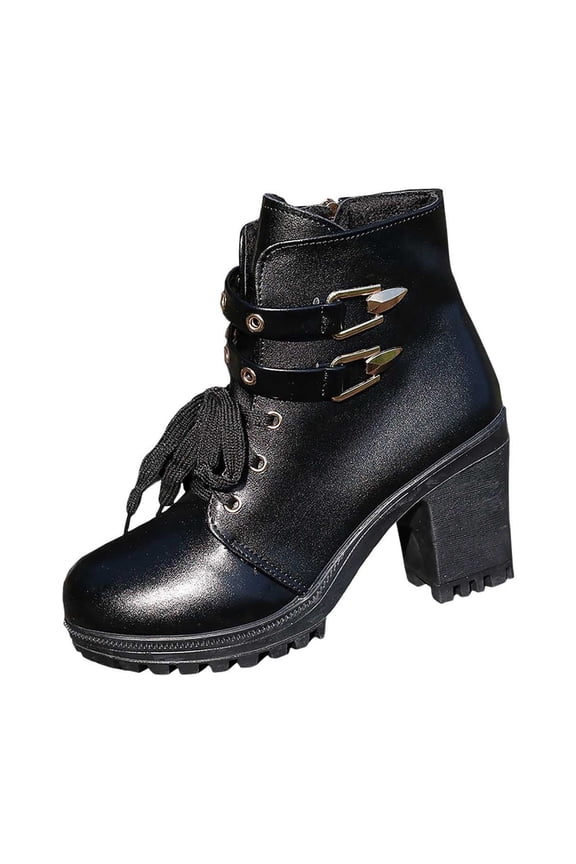 Black Round Toe Lace-Up Boots For Women, Chunky Mid Heel, Ankle-Length, Pu Upper, Great For Casual And Smart Looks