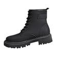 thumbnail image 1 of Black Round Toe Mid Calf Boots Women Mid Heel Platform Casual Boots Synthetic Leather Upper Cushioned, 1 of 9