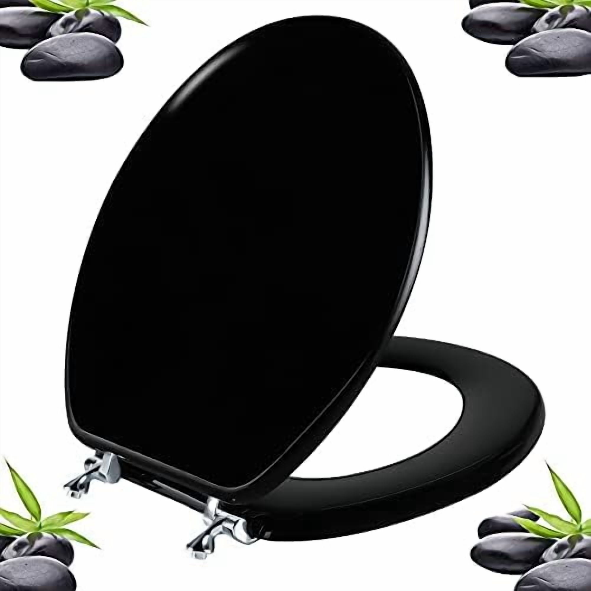 Black Round Toilet Seat Natural Wood Toilet Seat with Zinc Alloy Hinges, Easy to Install also Easy to Clean, Scratch Resistant Toilet Seat by  (Round, Black)